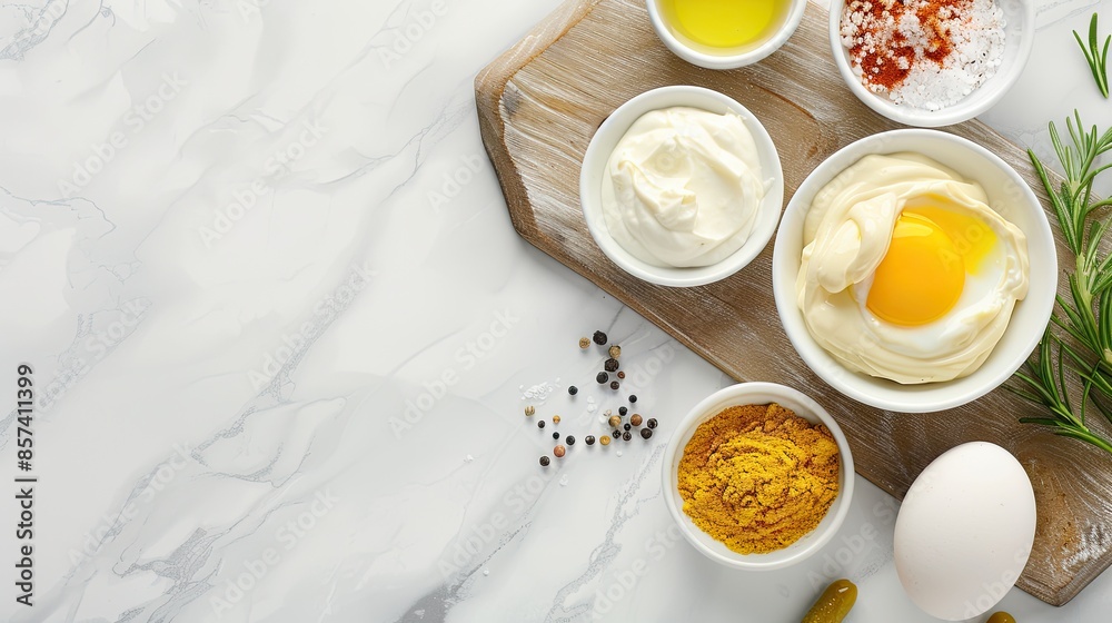 A white marble surface with fresh parsley, mustard, mayonnaise, and a boiled egg A white marble surface with fresh parsley, mustard, mayonnaise, and a boiled egg