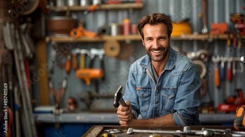 Smiling Plumber in Denim Shirt Holding Wrench in Garage Workshop with Tools