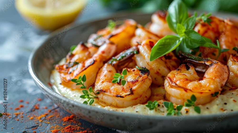 A plate of shrimp and grits topped with parsley garnish A plate of shrimp and grits topped with parsley garnish