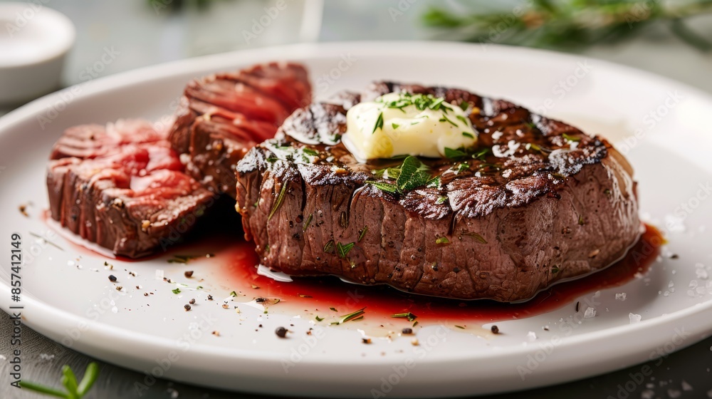 A tight shot of a juicy steak on a plate, adorned with savory sauce and a modest sprinkle of cheese atop A tight shot of a juicy steak on a plate, adorned with savory sauce and a modest sprinkle of cheese atop