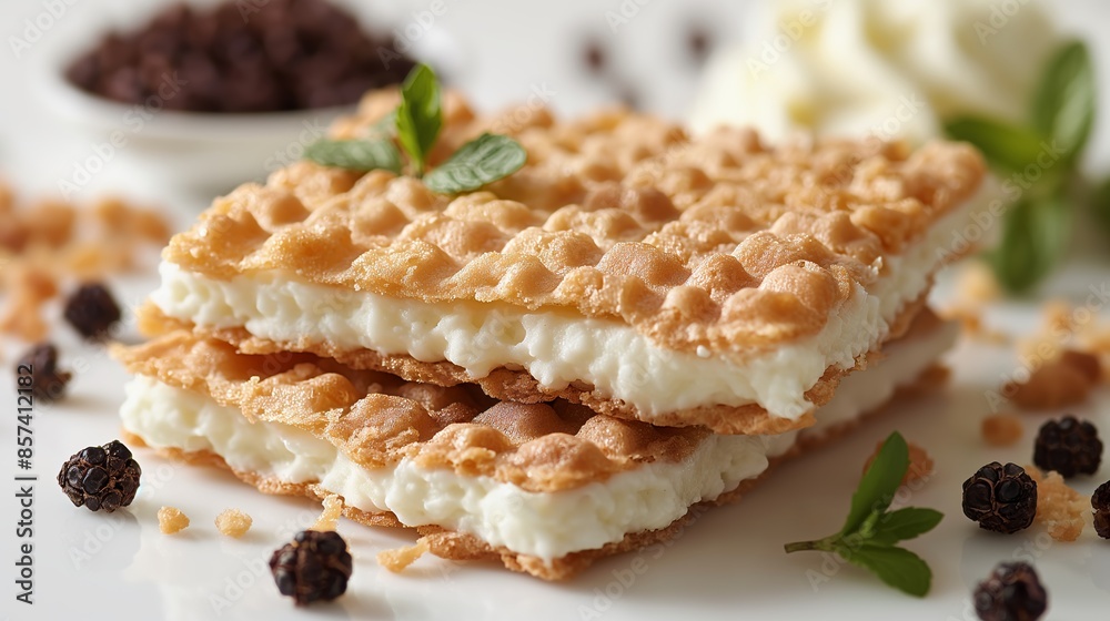 A creamy, vanilla-flavored wafer is elegantly layered, surrounded by chocolate crumbs and fresh mint. A creamy, vanilla-flavored wafer is elegantly layered, surrounded by chocolate crumbs and fresh mint.