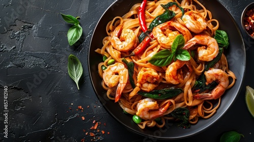  A pasta dish with shrimp, spinach, and basil atop a black surface A lime wedge rests beside it