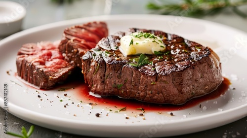  A tight shot of a juicy steak on a plate, adorned with savory sauce and a modest sprinkle of cheese atop