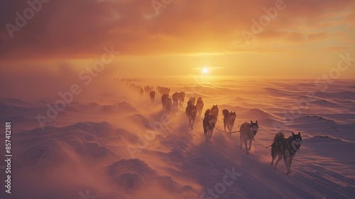  A team rides a horse-drawn sled down a snowy slope at sunset