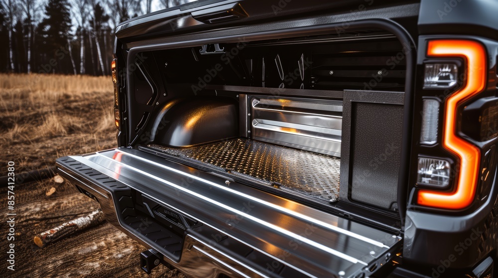 Sturdy aluminum truck bed with skateboard slide, two rear drawers and side access openings, combining functionality with industrial strength, perfect for heavy-duty use Sturdy aluminum truck bed with skateboard slide, two rear drawers and side access openings, combining functionality with industrial strength, perfect for heavy-duty use