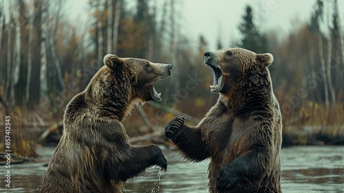  Two brown bears stand hip-deep in the water, opening their mouths widely