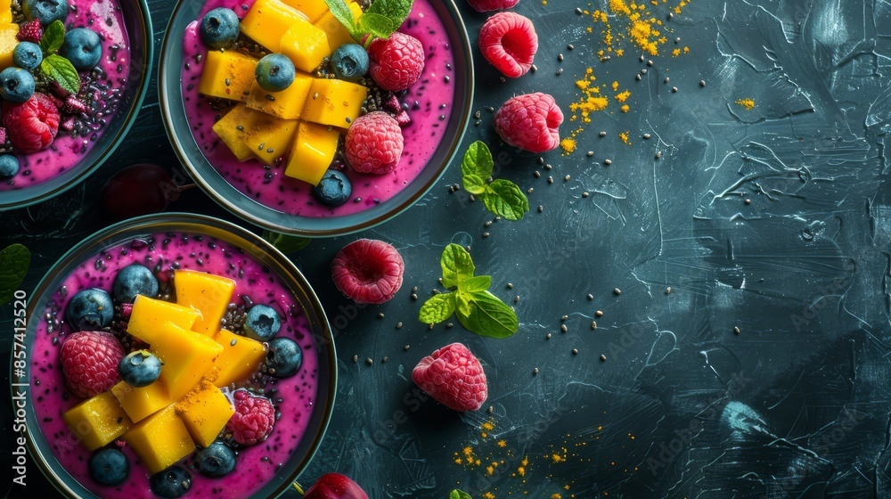 blueberries, raspberries, and more raspberries, arranged on a black surface