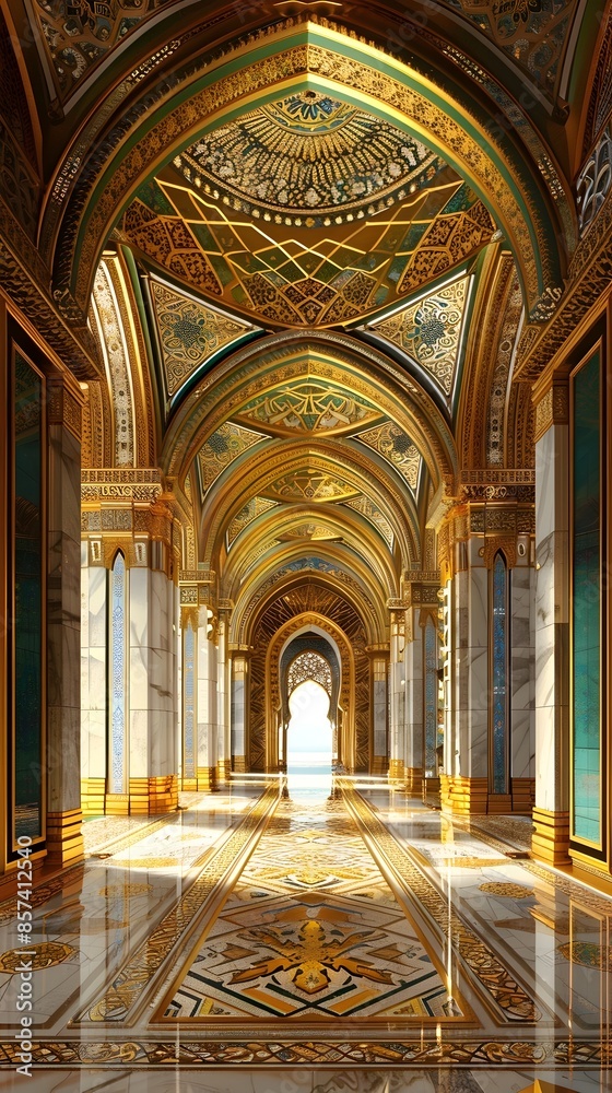 Fototapeta premium Lavish Arabian Inspired Grand Palace Hall with Ornate Geometric Patterns and Gilded Opulent Accents