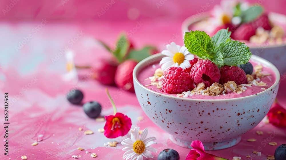 A tight shot of a pink surface adorned with a bowl of food The bowl brims with raspberries and granola Flowers add a delightful touch to the scene A tight shot of a pink surface adorned with a bowl of food The bowl brims with raspberries and granola Flowers add a delightful touch to the scene