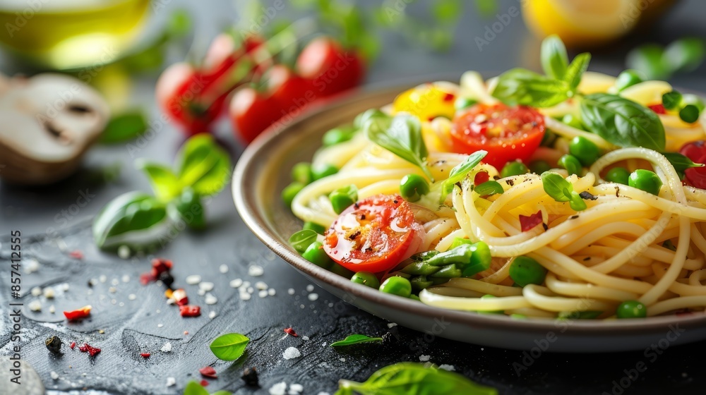 A table bears a plate of pasta topped with asparagus, tomatoes, peas, and parmesan cheese A table bears a plate of pasta topped with asparagus, tomatoes, peas, and parmesan cheese