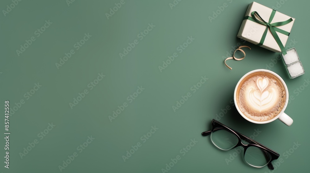 Stylish Happy Fathers Day banner, flat lay of gift box, glasses, coffee cup on green backdrop, top view with space for text, perfect for social media or print Stylish Happy Fathers Day banner, flat lay of gift box, glasses, coffee cup on green backdrop, top view with space for text, perfect for social media or print
