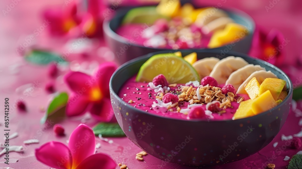 A bowled meal of fruits and nuts against a pink tablecloth, adorned with flowers and scattered petals A bowled meal of fruits and nuts against a pink tablecloth, adorned with flowers and scattered petals