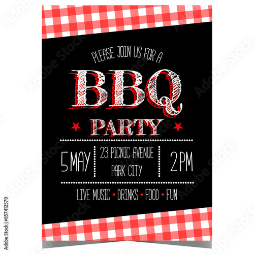 BBQ party banner, poster or flyer to invite friends and family for a backyard picnic, to grill and roast beef steak, pork, chicken and sausages. Vector invitation suitable for a birthday celebration.