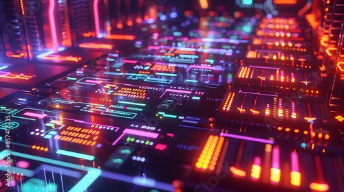 Vibrant Futuristic Supercomputer Data Visualization with Glowing Circuits and Ambient Lighting