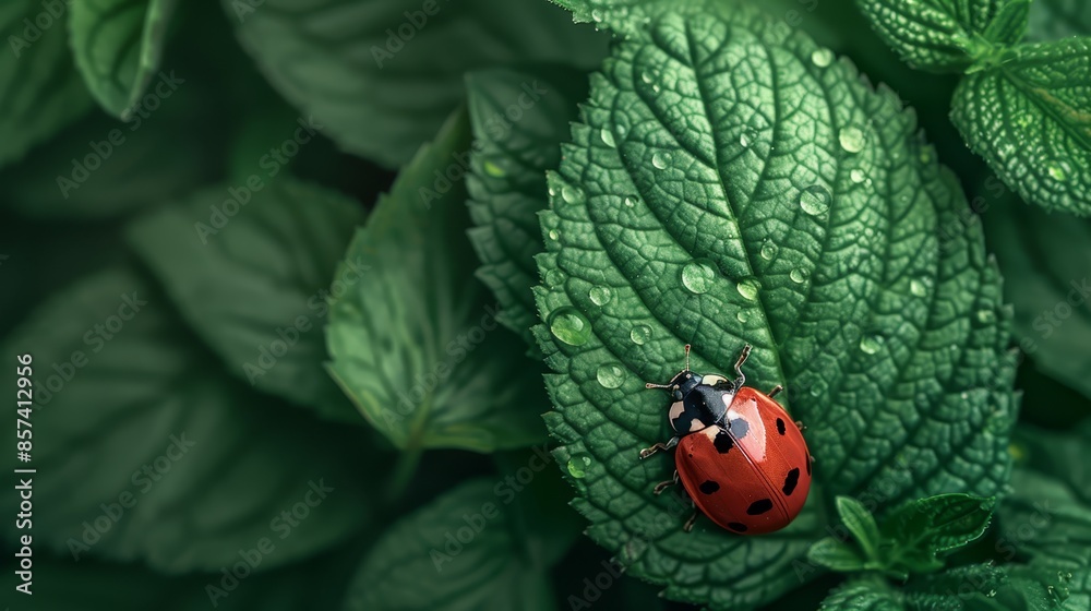 A ladybug perches on a moist green leaf, dotted with water droplets at its back and edge A ladybug perches on a moist green leaf, dotted with water droplets at its back and edge