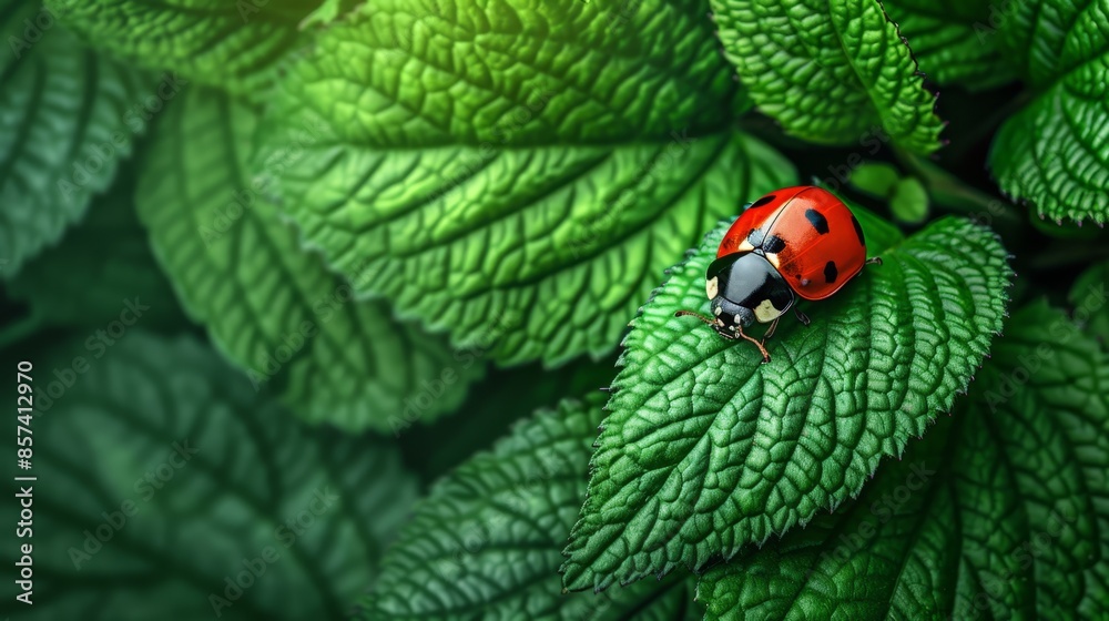 A ladybug atop a verdant plant, surrounded by numerous green leaves A ladybug atop a verdant plant, surrounded by numerous green leaves