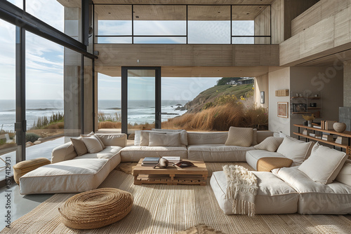 Serene reading nook with modern minimalist design, featuring natural materials and clean lines, bathed in afternoon sunlight, highlighting the open floor plan and connection to the coastal surrounding