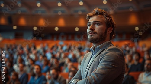 A young professional man in a suit stands with a contemplative expression, arms crossed, in a large auditorium filled with a blurred audience