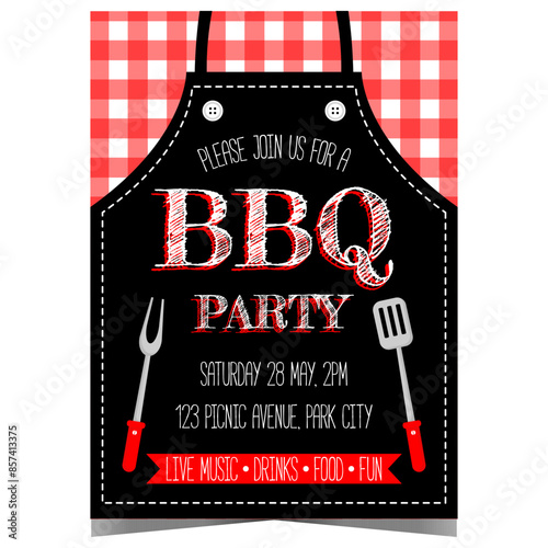BBQ party invitation for birthday celebration or for a picnic, barbecue cooking, grilling and roasting beef steak, pork, chicken and sausages. Vector poster with an apron, fork and spatula.