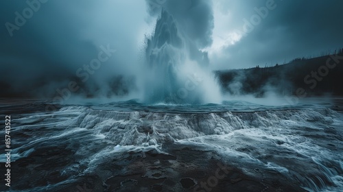  A sizable geyser erupts, ejecting water into a surrounding body, with trees flanking its sides photo