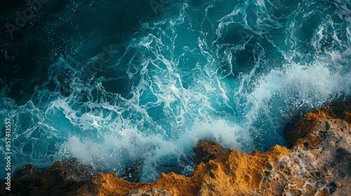  An aerial perspective of a water body with waves crashing atop rocks and depths below