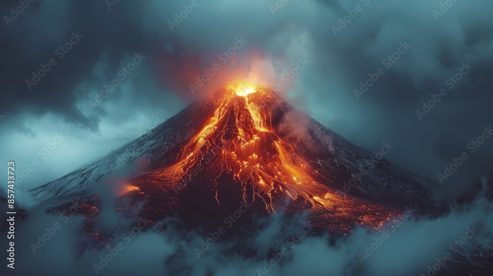  A towering mountain exudes lava from its sides and emits copious amounts of smoke from its peak
