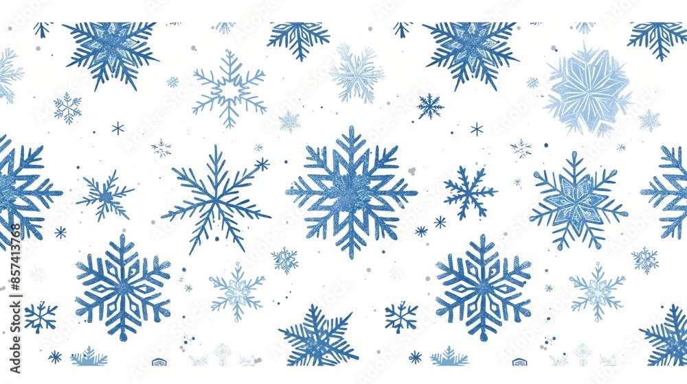 A seamless pattern of intricate blue snowflakes scattered across a white background, evoking the serene beauty of winter. A seamless pattern of intricate blue snowflakes scattered across a white background, evoking the serene beauty of winter.