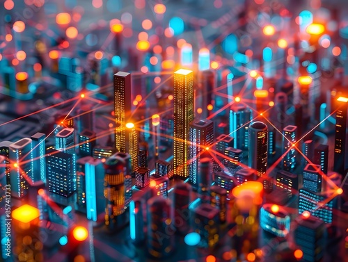 Illuminated Digital Cityscape with Hyperconnected Data Infrastructure Showcasing Urban Technology and Innovation photo