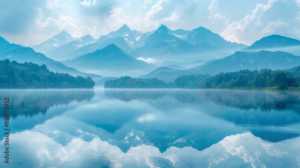  A scene featuring a expansive water body surrounded by mountains in the backdrop and clouds drifting in the mid-sky above it