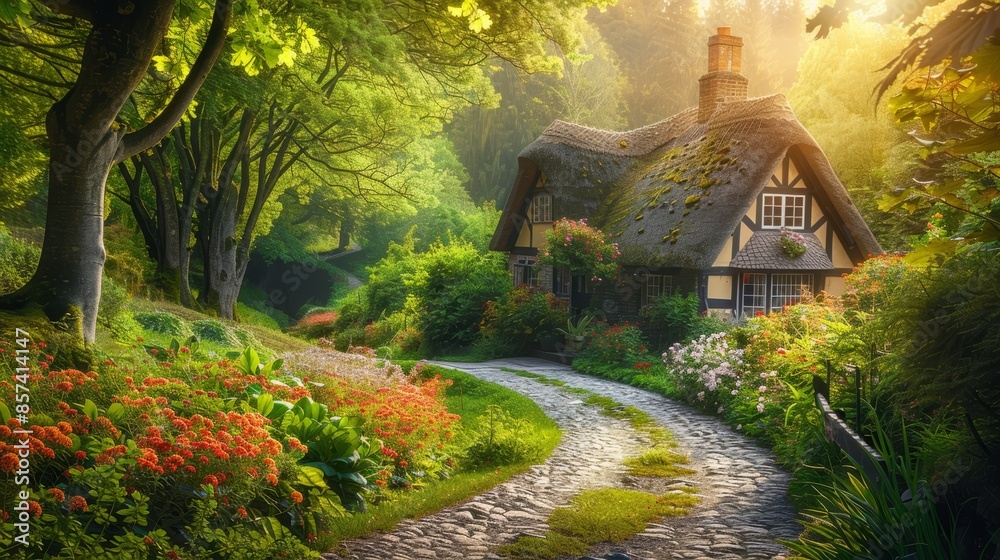 A painting of a forest path, lined by flowers and trees, leading to a house A painting of a forest path, lined by flowers and trees, leading to a house