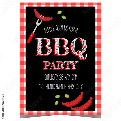 BBQ party invitation poster or banner with roasted sausage skewered on a fork. Vector design template for the barbecue time, picnic event in the backyard, outdoor cooking over an open fire.