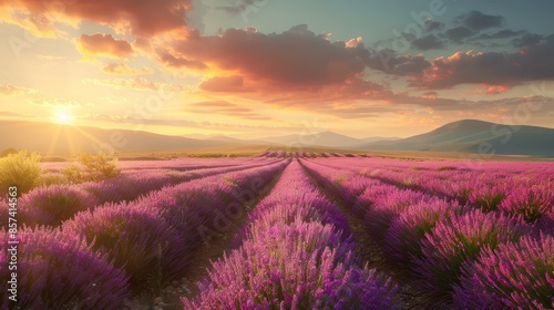  A field of lavender flowers with the sun setting over distant mountains is framed by a line of trees