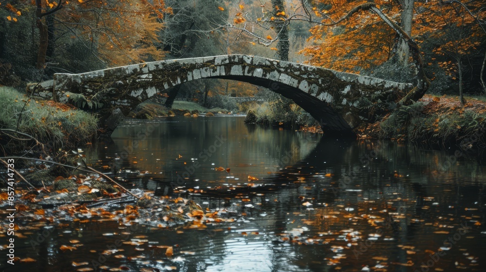 A stone bridge spans a body of water, framed by trees with leaf-covered grounds and scattered falls leaves A stone bridge spans a body of water, framed by trees with leaf-covered grounds and scattered falls leaves