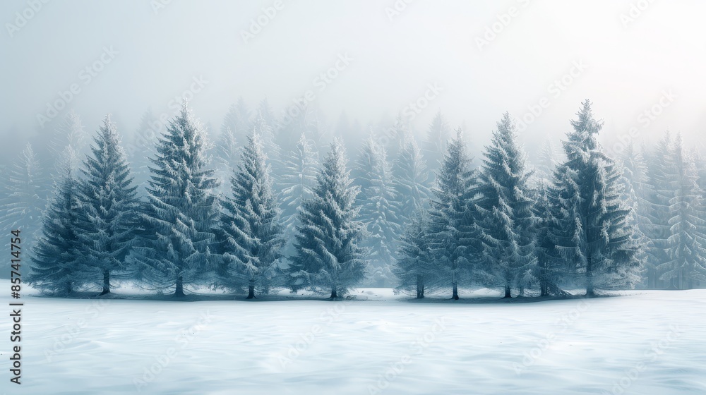 A scene of pine trees huddled in the snow, framed by a row of evergreens against a foggy backdrop A scene of pine trees huddled in the snow, framed by a row of evergreens against a foggy backdrop