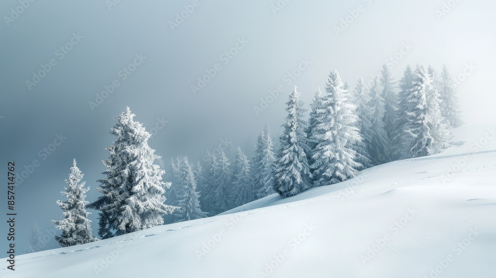 A snowy landscape featuring pine trees in the foreground and a foggy sky in the background A snowy landscape featuring pine trees in the foreground and a foggy sky in the background