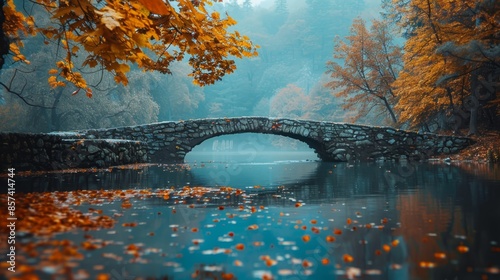  A stone bridge spans a body of water, surrounded by autumn foliage Leaves in hues of gold dot the ground beneath trees sporting yellow, autumnal leaves