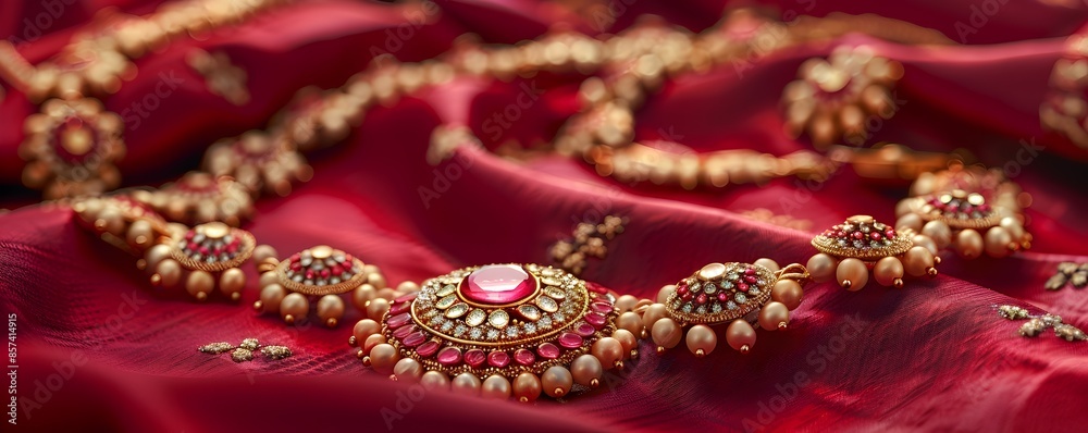 Fototapeta premium Exquisite Indian Jewelry Set Against a Lush Red Fabric Background with Gentle Natural Illumination