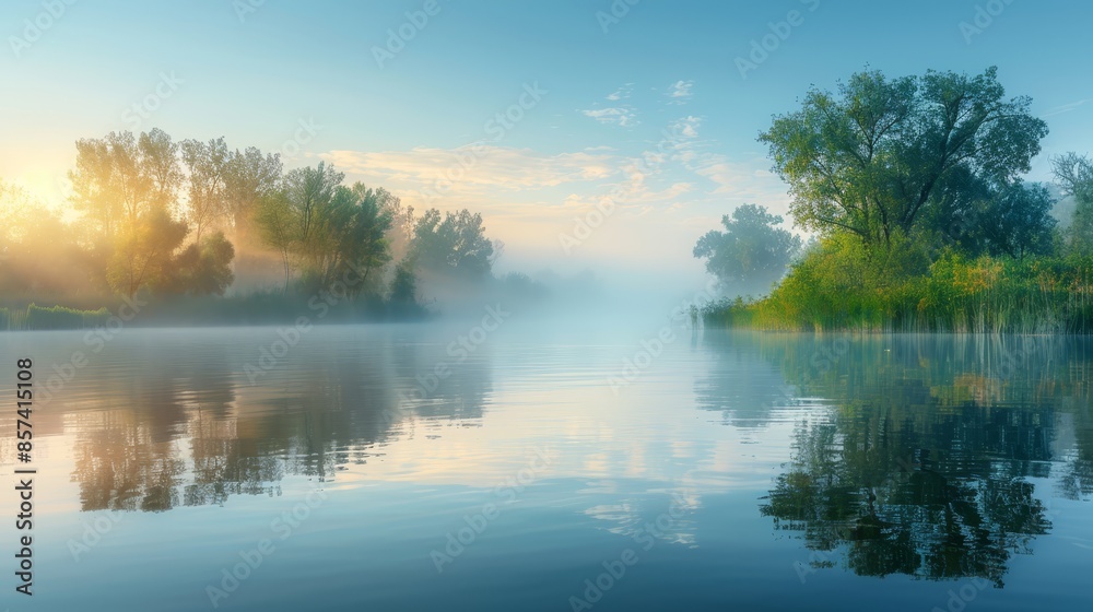 Water surrounded by trees, sun shines through Trees frame foggy foreground, sun rays pierce Water surrounded by trees, sun shines through Trees frame foggy foreground, sun rays pierce