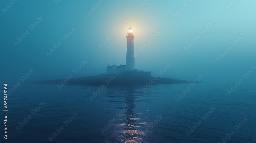 A lighthouse sits atop a small island, amidst the expanses of the fog-shrouded ocean A lighthouse sits atop a small island, amidst the expanses of the fog-shrouded ocean