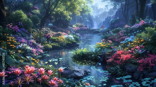 Enchanted valley with vibrant flora, a sparkling stream, and mystical creatures, creating a magical scene