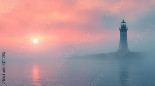  A lighthouse on a small island in the middle of a tranquil body of water Sunset paints the sky behind