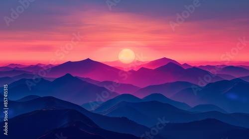  A sunset view of a mountain range with the sun rising over its peak in the distance photo