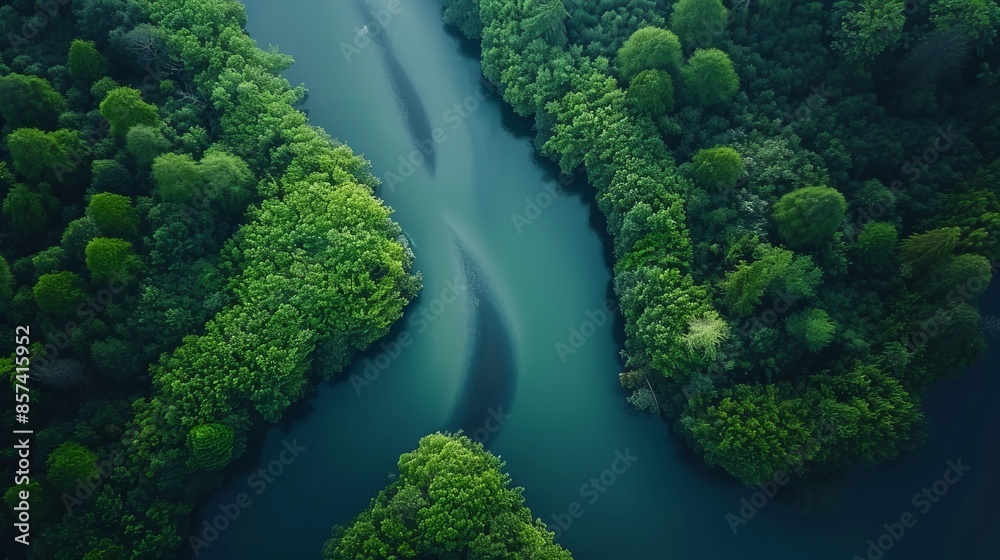 A bird's-eye perspective of a river running through a forest, surrounded by trees on each bank A bird's-eye perspective of a river running through a forest, surrounded by trees on each bank