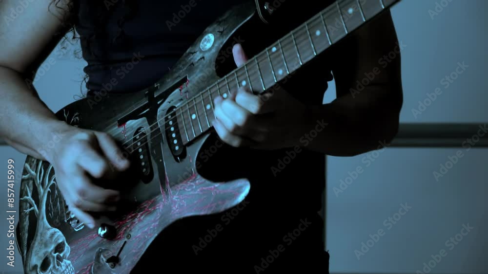 LONG HAIR GUITARIST PLAYING A SOLO ON HIS GUITAR IN SLOW MOTION FACE THE CAMERA