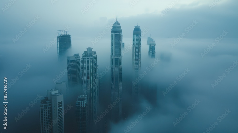 Fototapeta premium A cluster of skyscrapers rise through a dense layer of clouds in a tranquil scene.