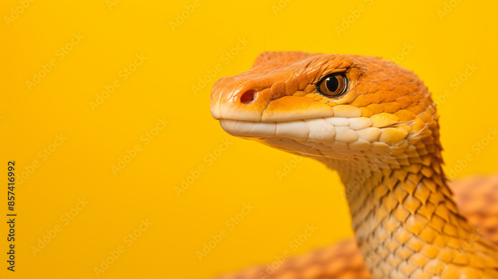 A close-up of a yellow snake with a bright yellow background, evoking a sense of danger and mystery. 
