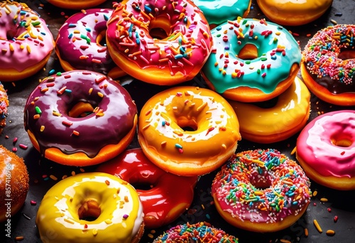 colorful glazed donuts vibrant icing close view bakery menu, sweet, dessert, delicious, pastry, sugar, treat, snack, food, sugary, confectionery, dough, baked © Yaraslava