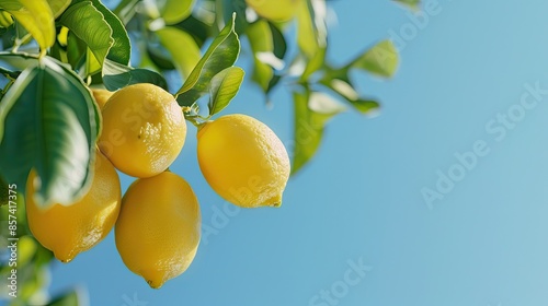 A close-up image of ripe lemons hanging from a branch against a clear blue sky
