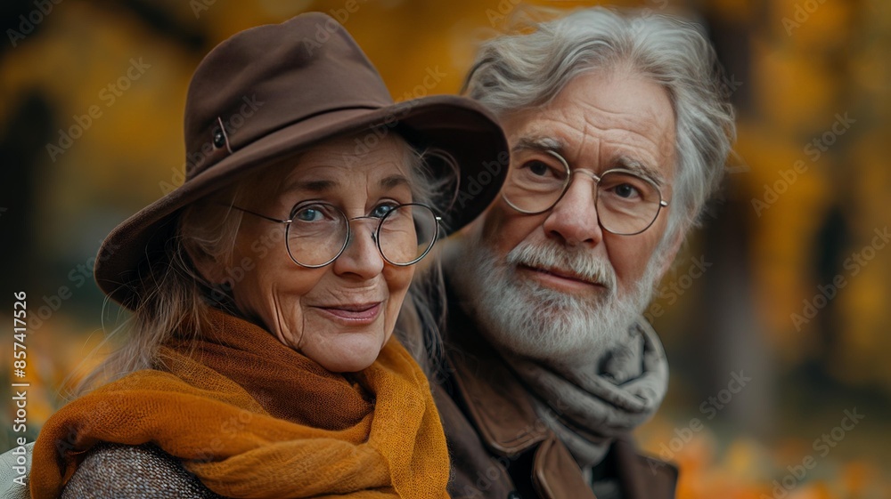 Horizontal AI illustration elderly couple enjoying a fall day. People concept. Horizontal AI illustration elderly couple enjoying a fall day. People concept.