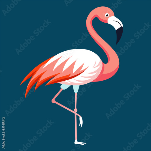 A pink flamingo balances on one leg against a serene blue background